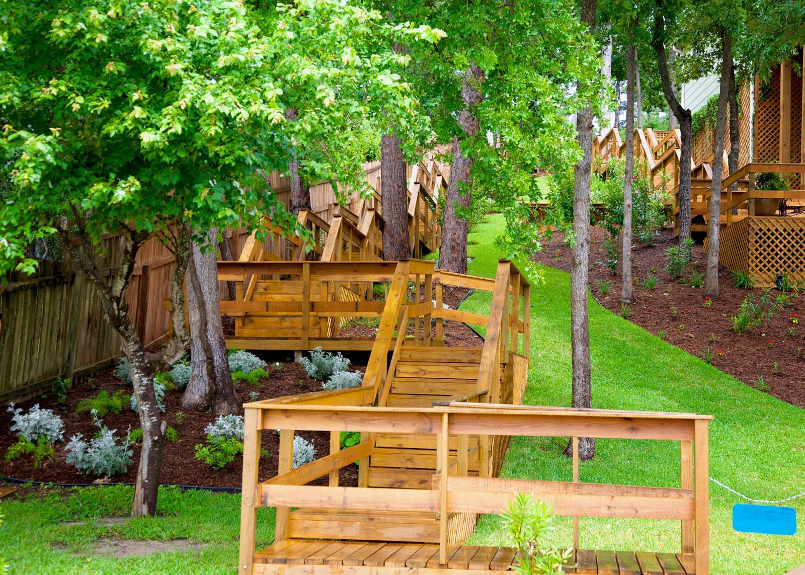 The stairway down to the lake is shaded and has benches for resting.