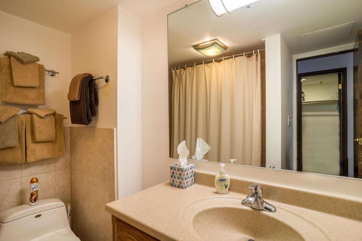 Your full bathroom with vanity and shower/tub.
