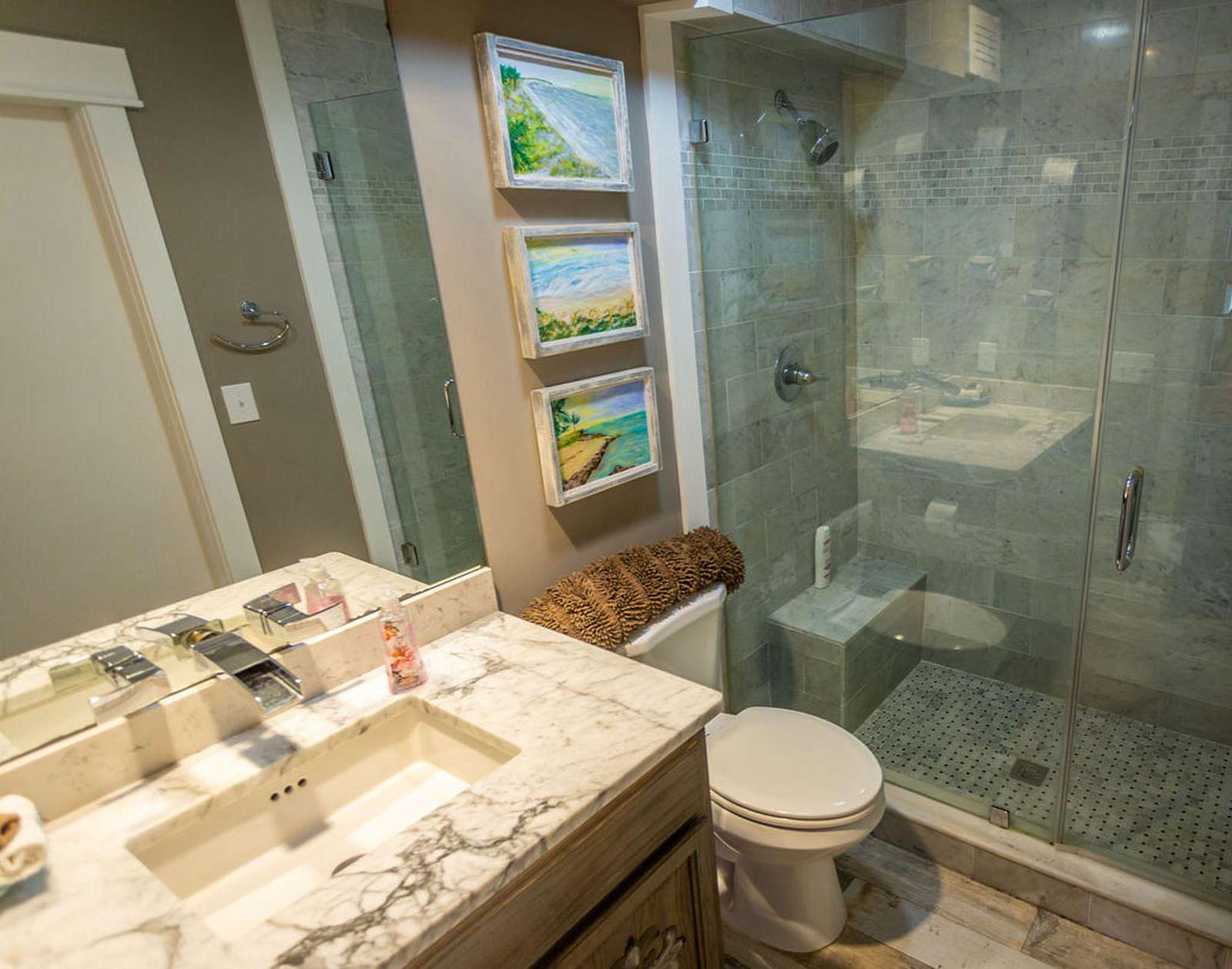 Bathroom #2- large white Carrera marble shower with built-in bench