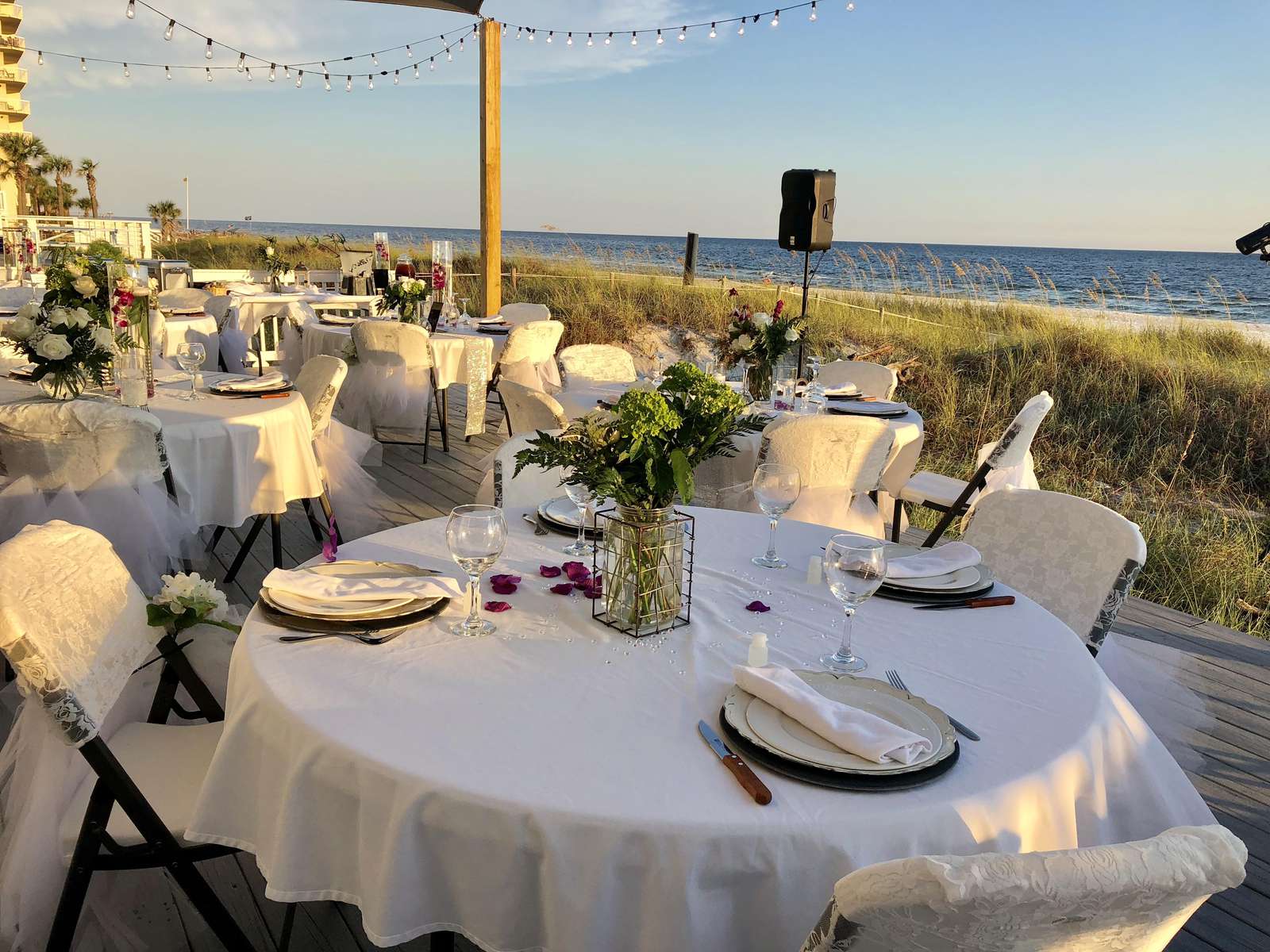 Beautiful wedding reception for 50 people on back deck -overlooking the gulf