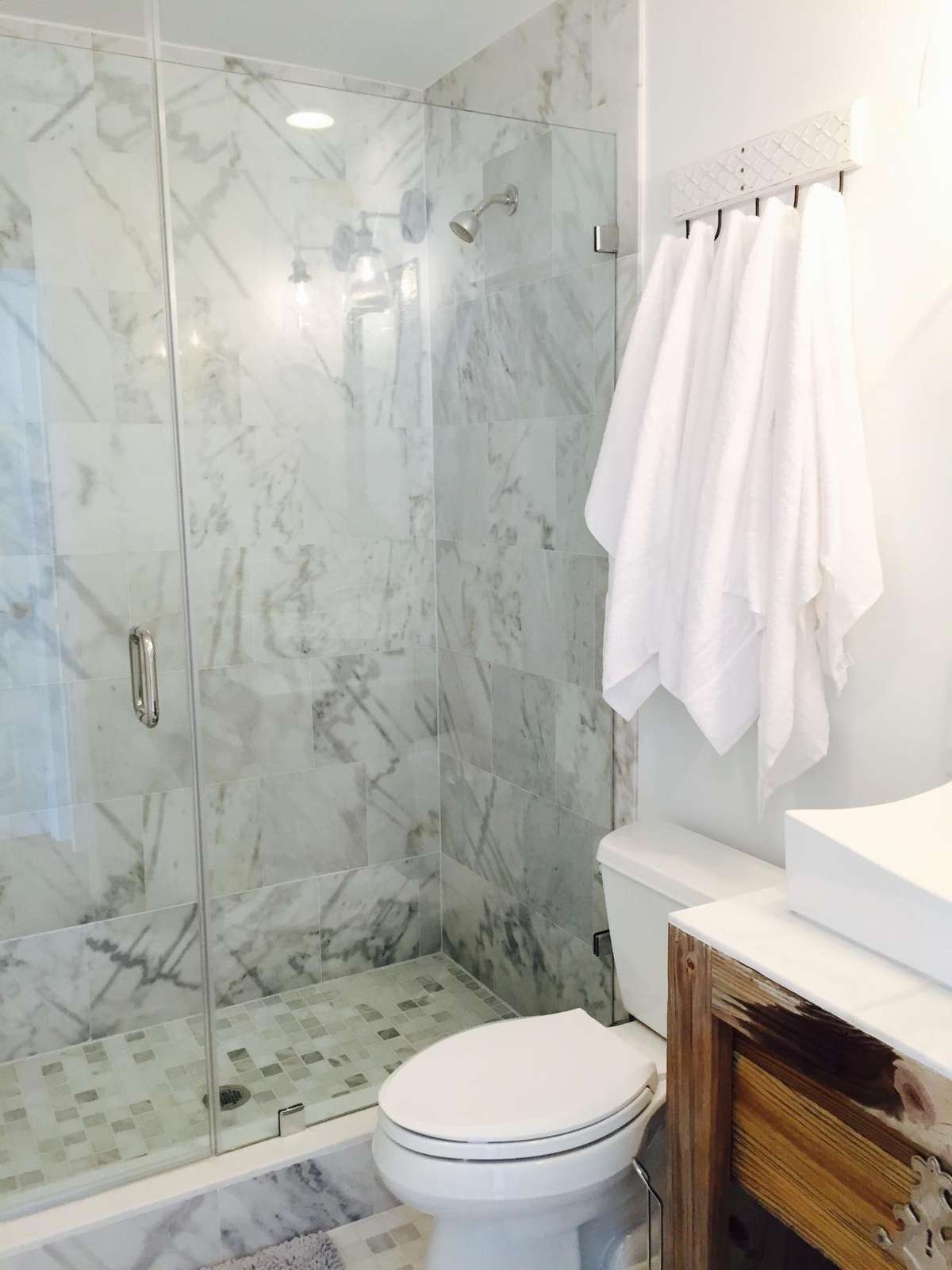 master suite bath-WHITE MARBLE, GLASS DOOR