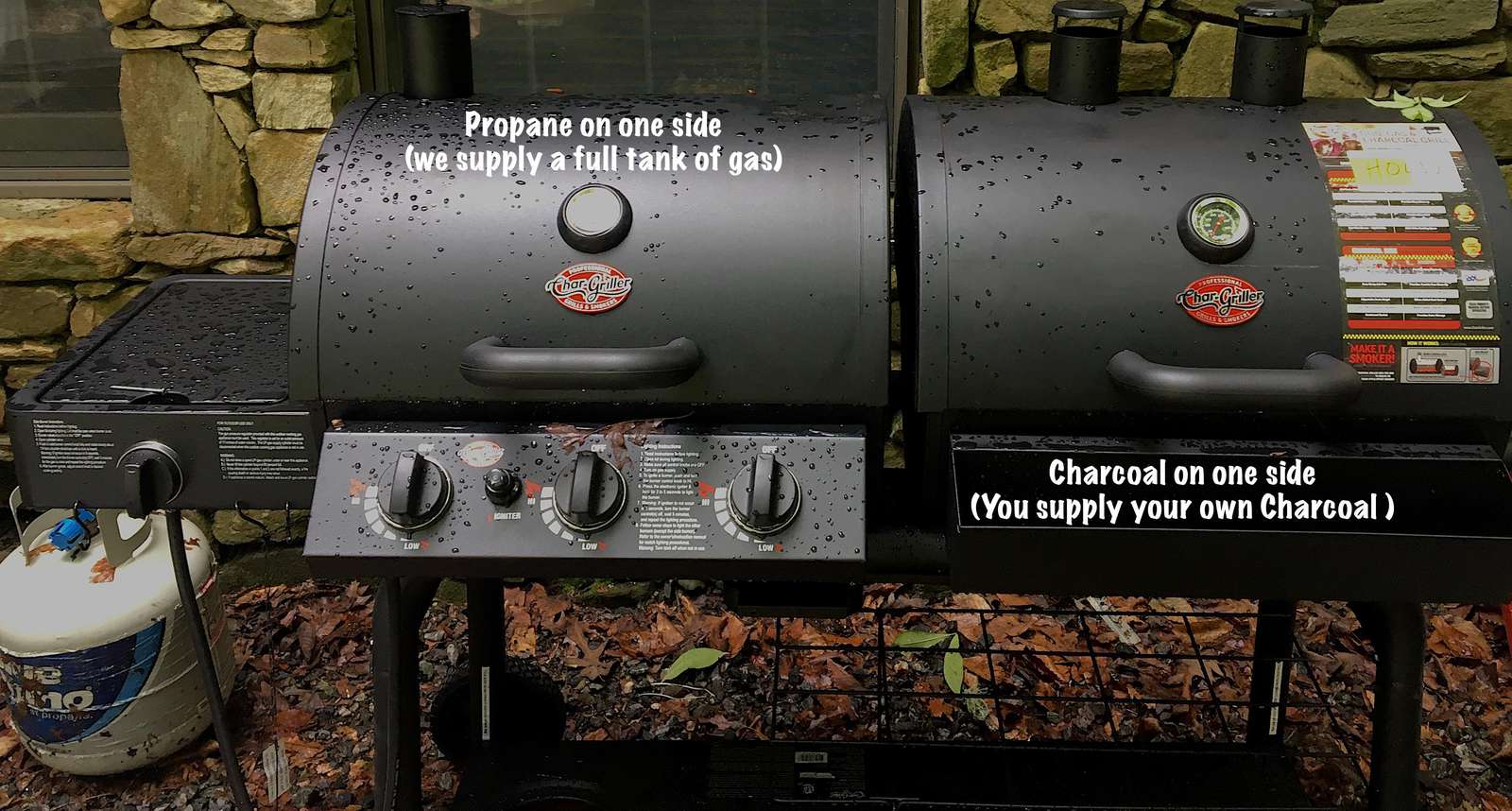 Dual Grill offers choice of Charcoal (Guests provide their own charcoal), or Gas cooking (we provide a full tank of propane)!