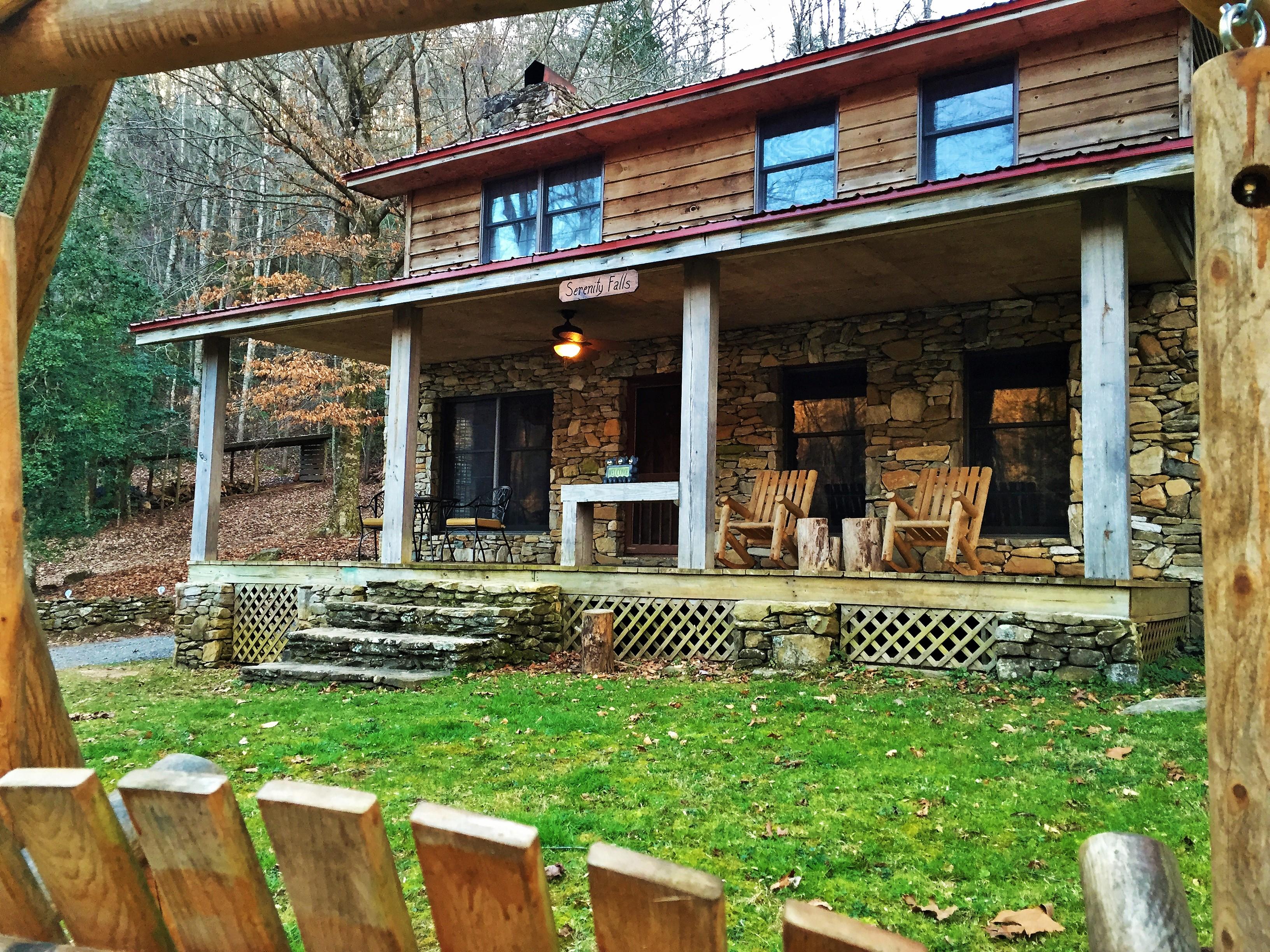 Looking to the Cabin from Log Bench in front yard