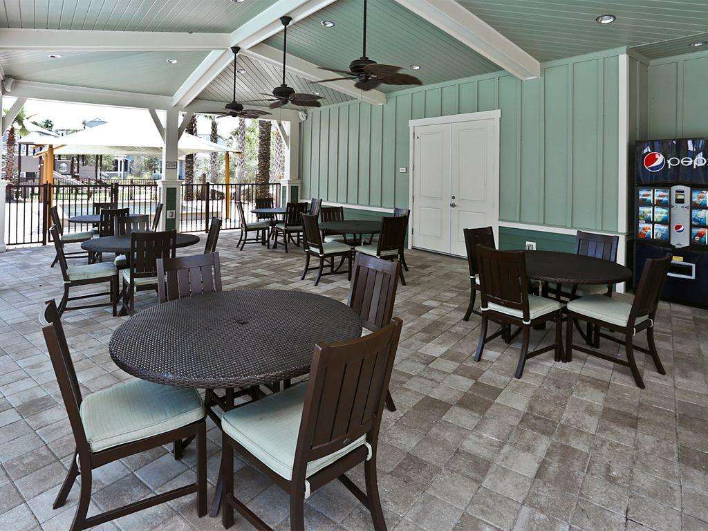 poolside shaded seating, bathrooms