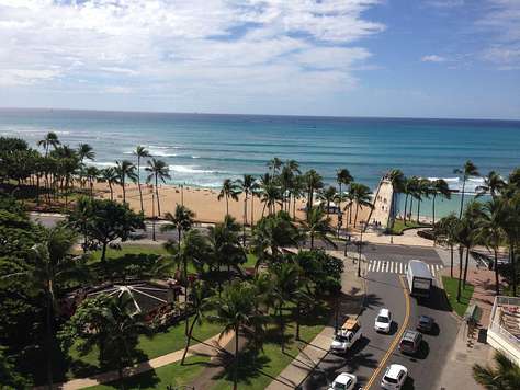 Waikiki Beach and the pier from our rooftop sundeck