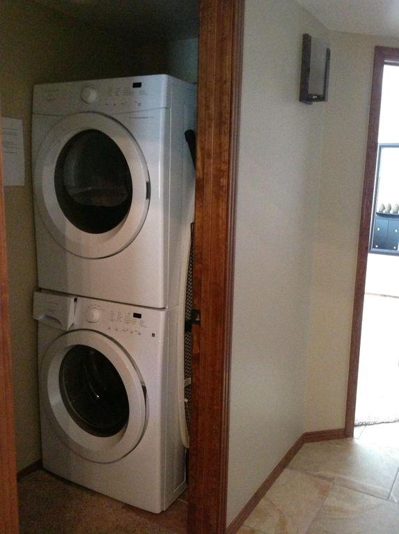 Large and efficient washer, dryer, detergent, cleaning supplies for your use.