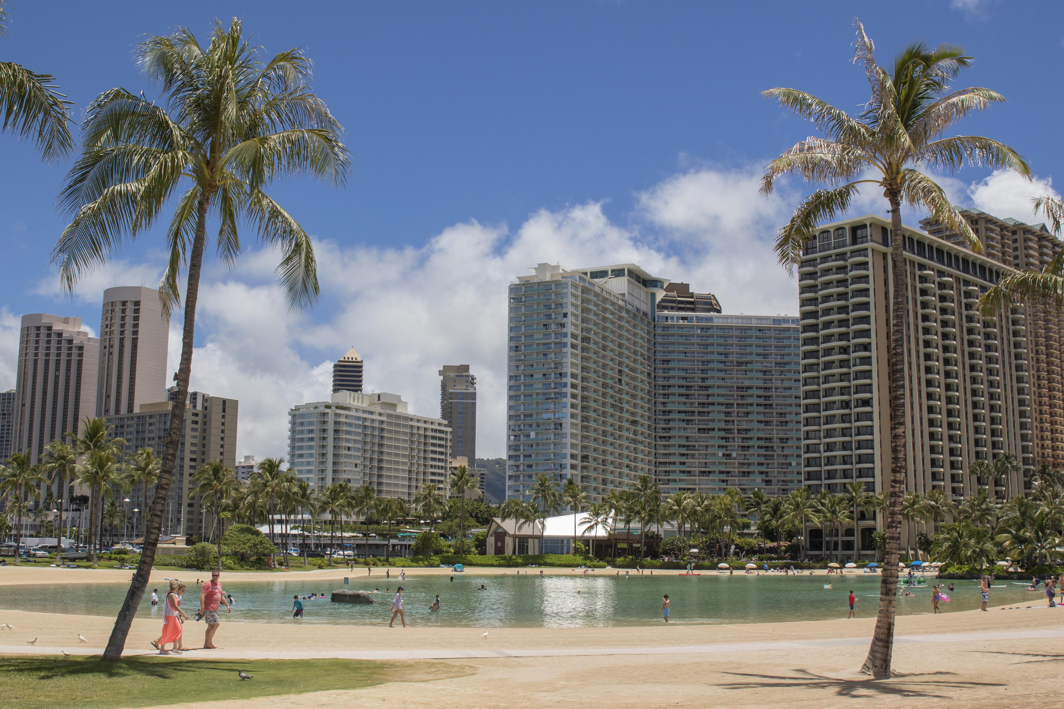 From Waikiki beach, looking at the Ilikai beyond the lagoon