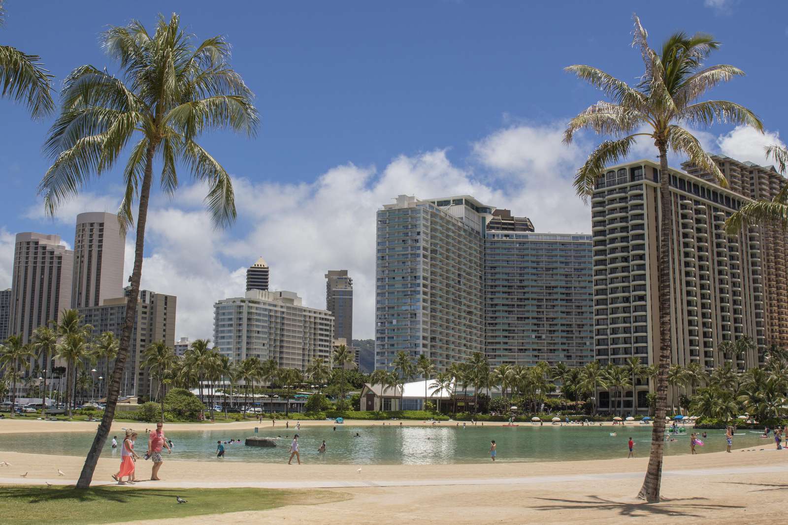 From Waikiki beach, looking at the Ilikai beyond the lagoon