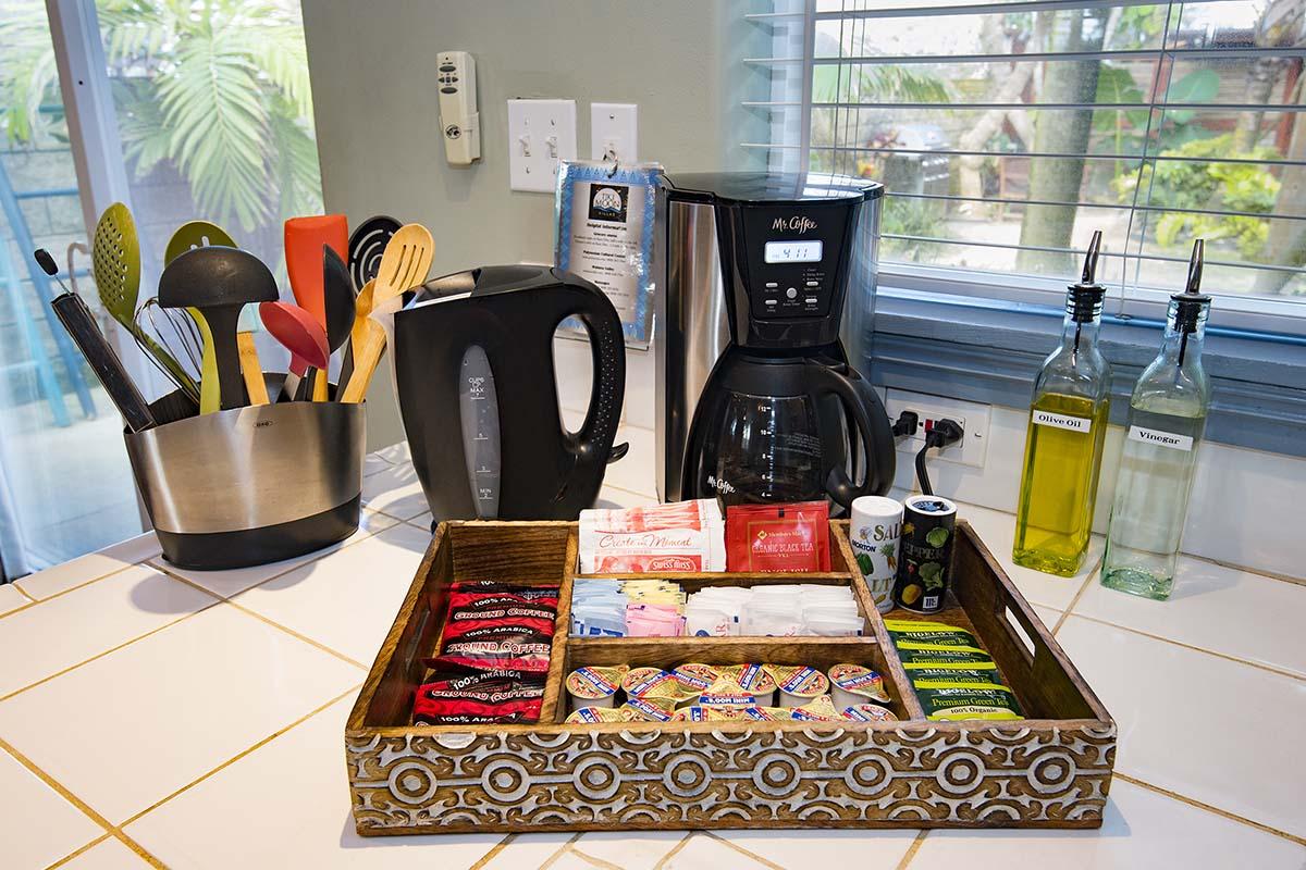 Electric kettle (hot pot), coffee maker, coffee & tea.