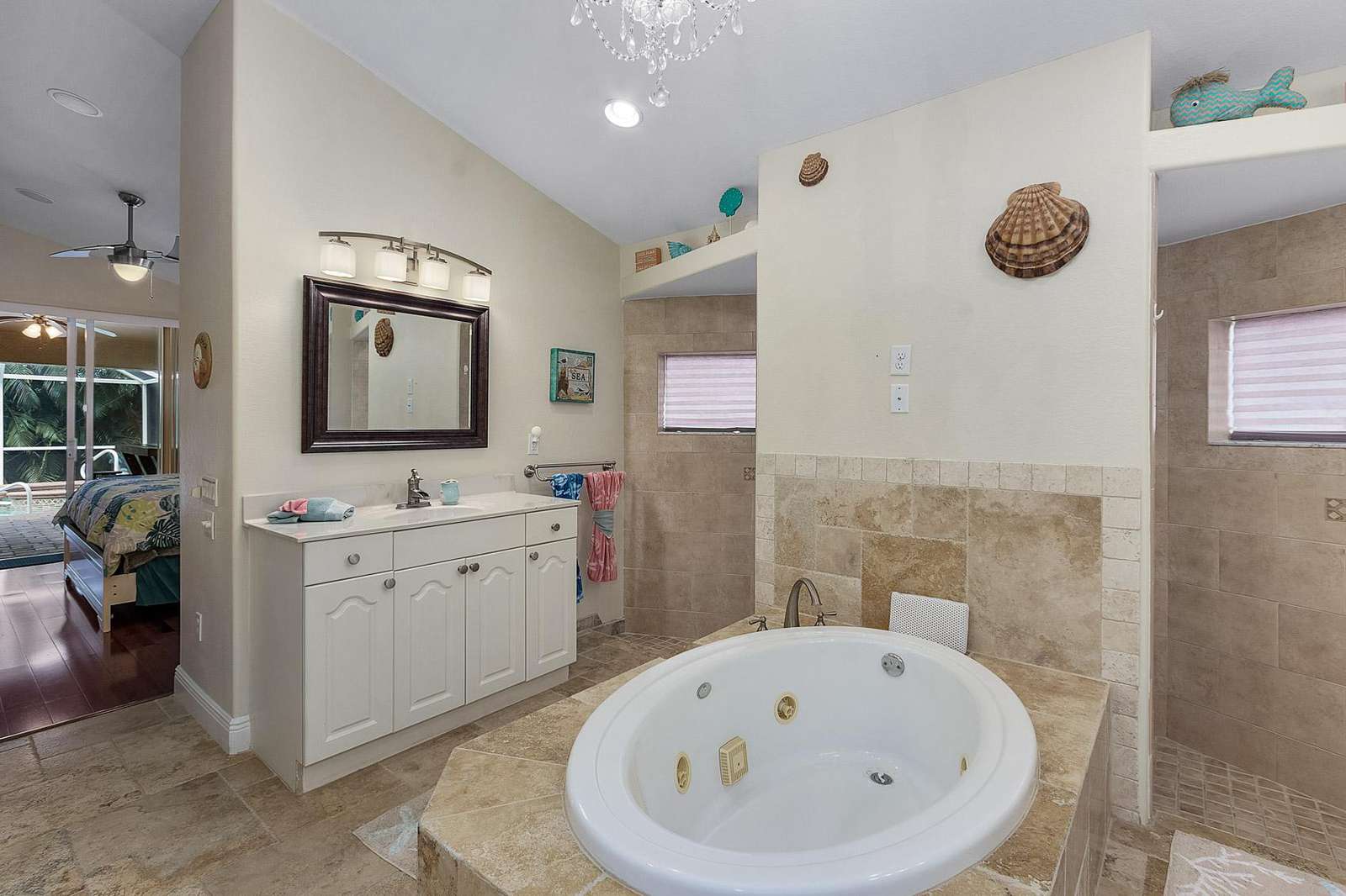 Master bath with bath tub and shower