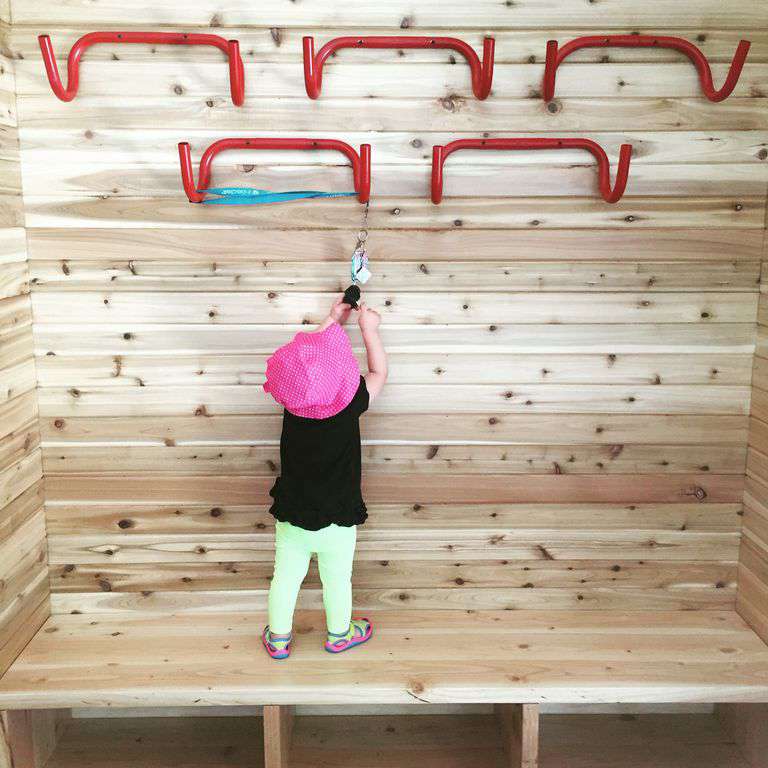 We reuse many materials in creative ways such as these bike bars for coat hooks.