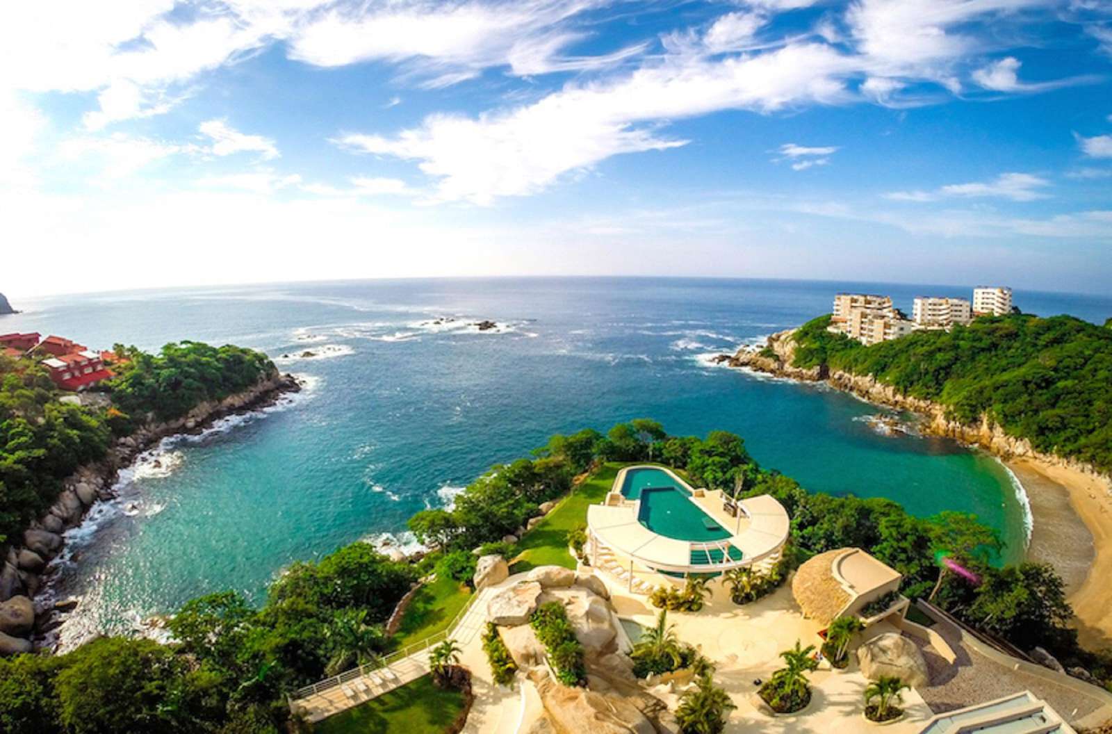 Aerial view of the featured peninsula pool