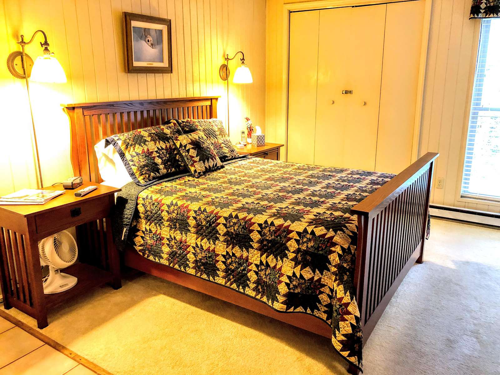 Queen bed in master bedroom; foam mattress pad (very comfy!) Fan available in case you need a breeze (or noise!).
