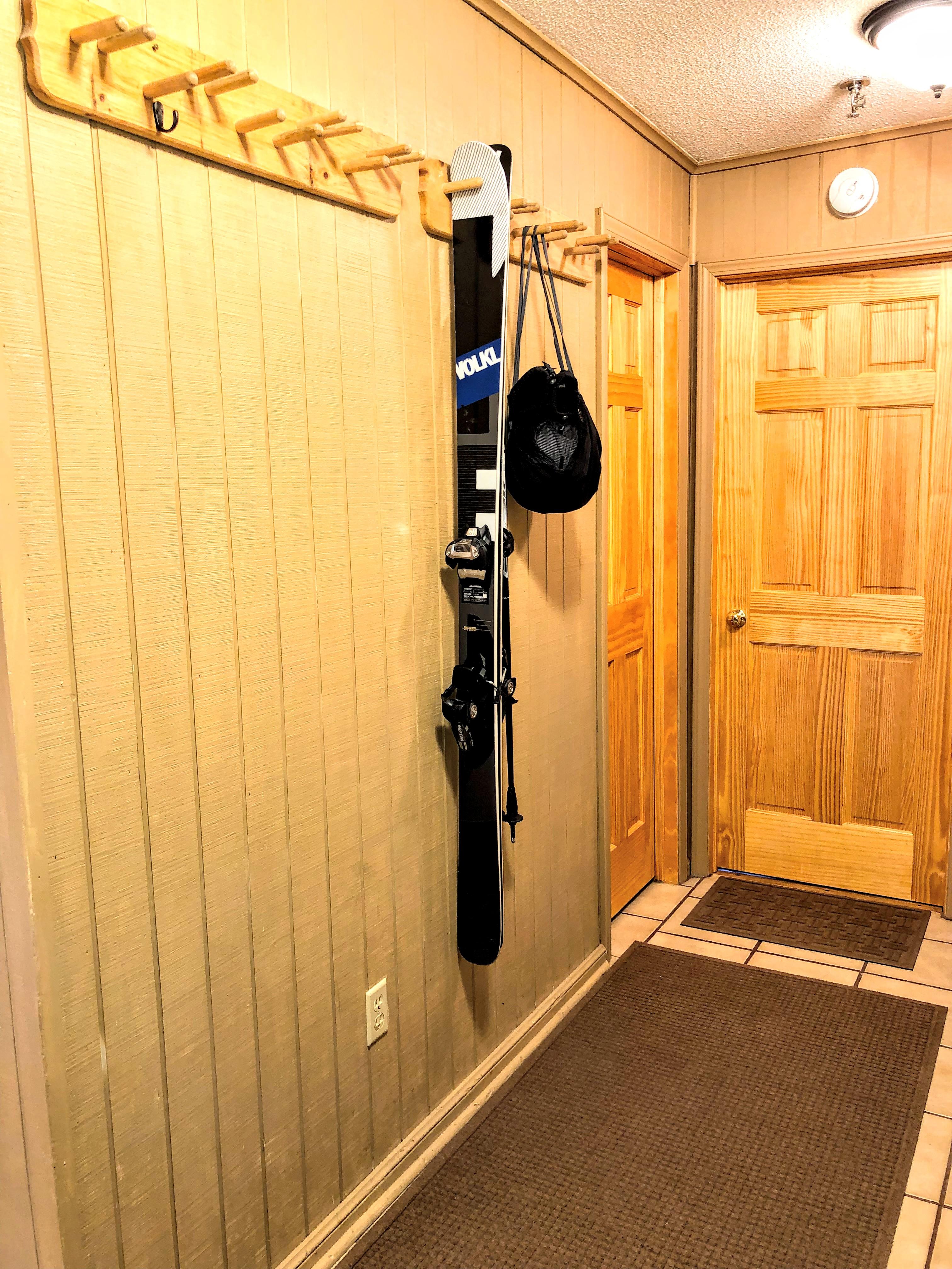 Safely store your skis/boards inside of Leatherbark 108B - on our handy-dandy ski rack!