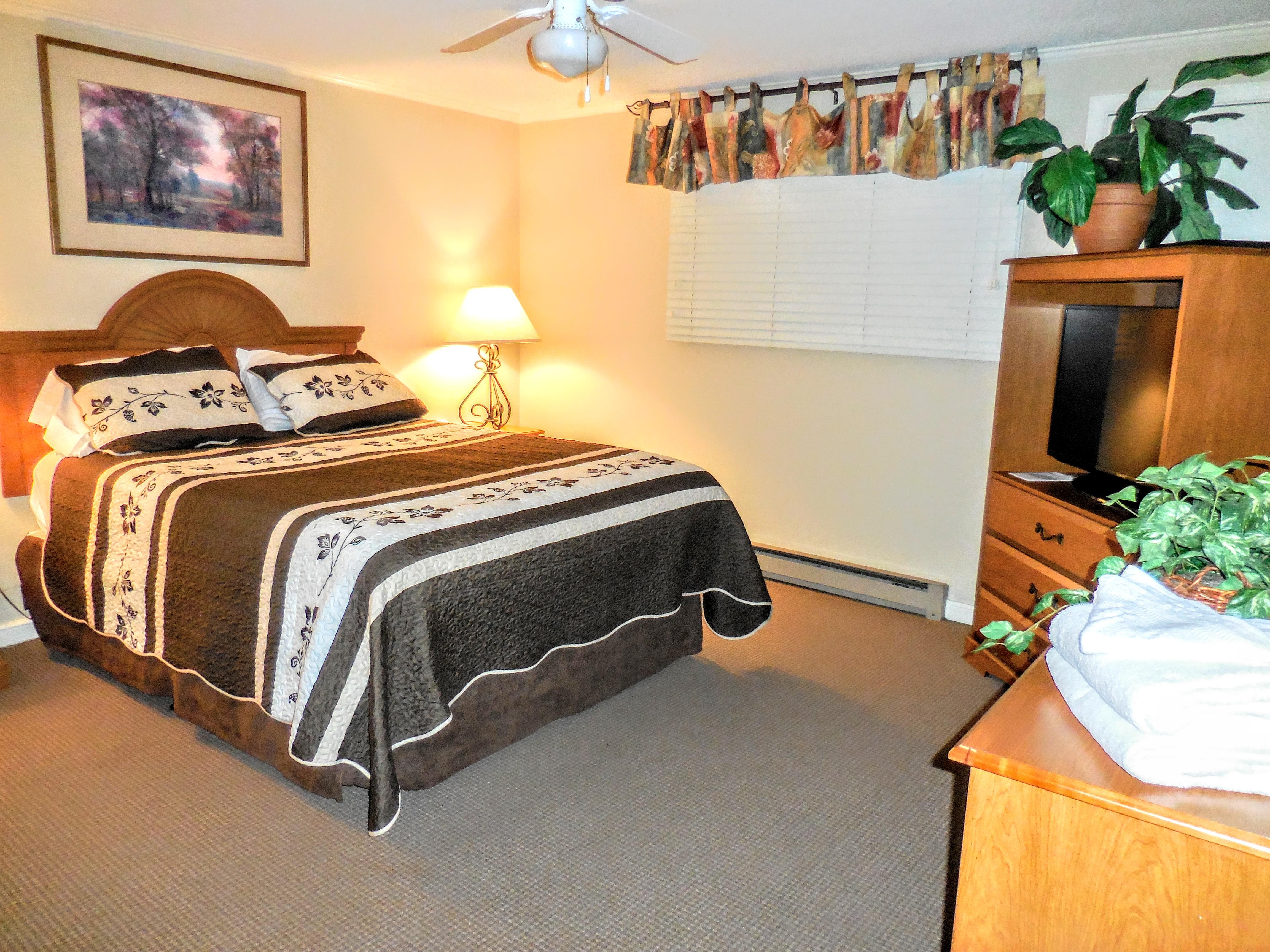 Queen-sized bed in master bedroom - ample room to spread out. Entertainment center and chest of drawers.