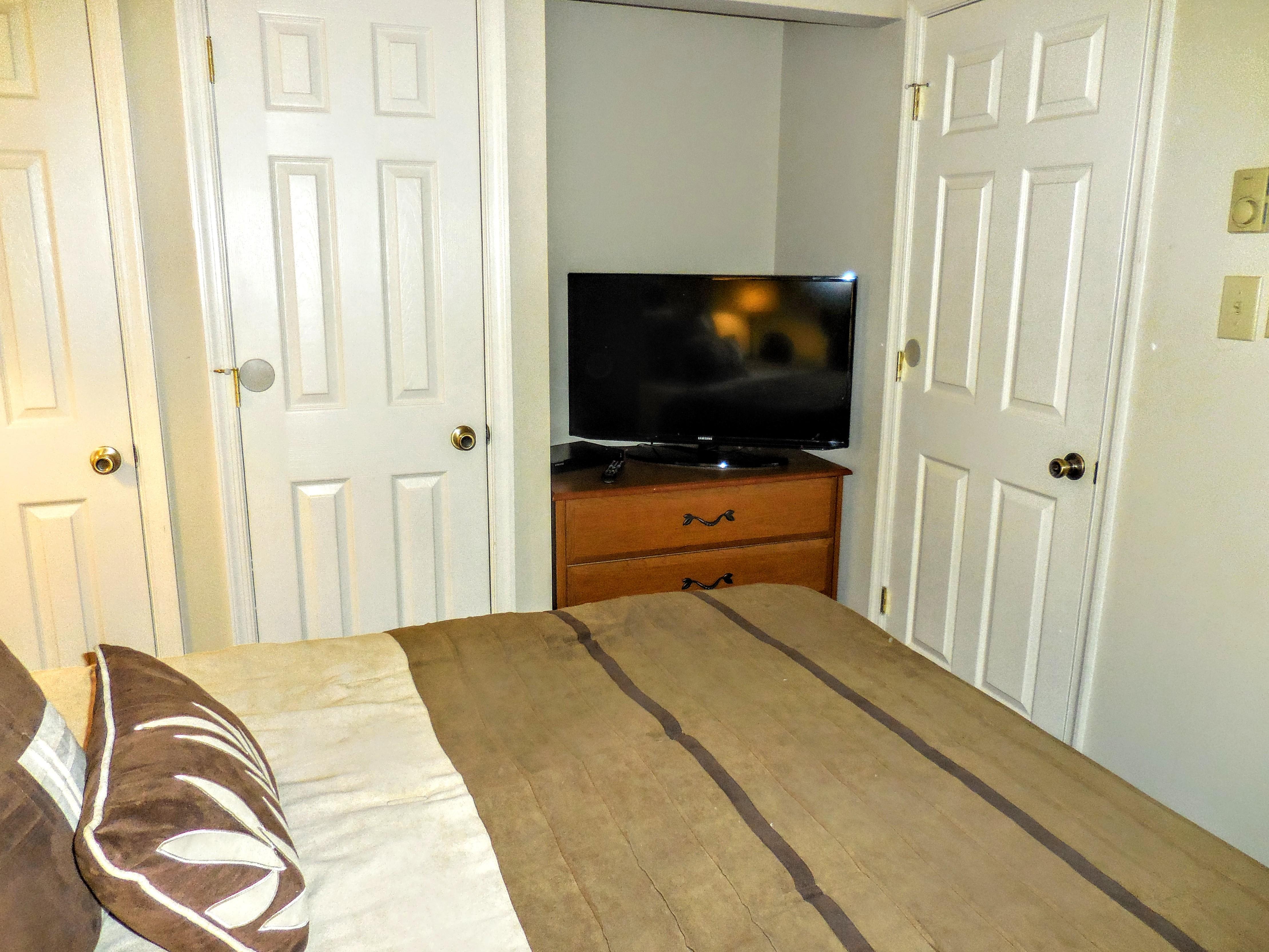 Flat-screen TV and ample closet space in second bedroom.