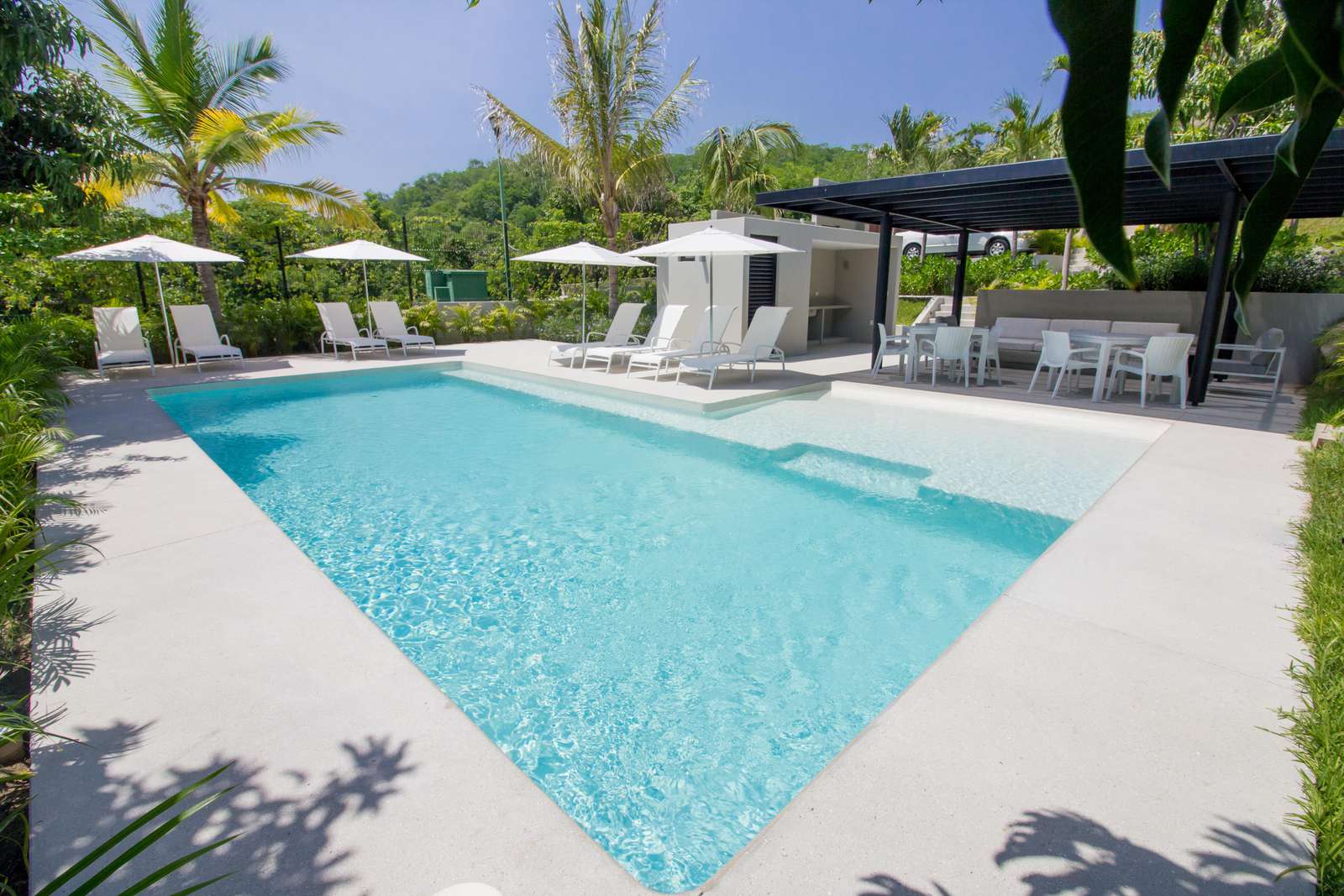 Shared pool area with loungers, BBQ and community orchard
