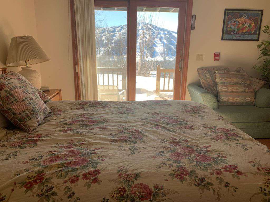 Lower floor queen bedroom shot #`1. Deck and Mount Snow trails.