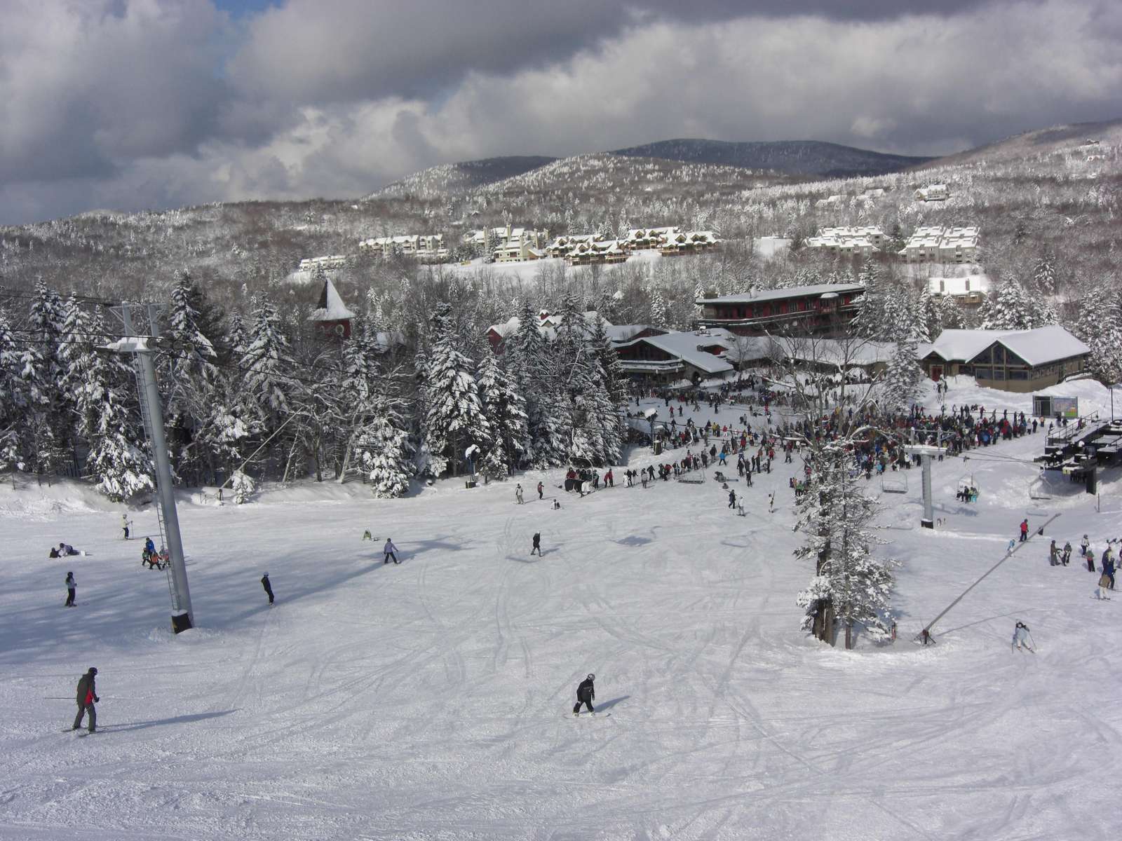 On Mount Snow. Snow Mountain Village seen from slopes.