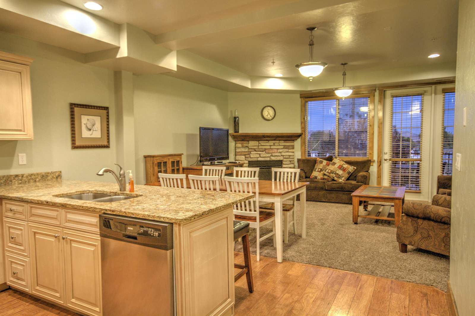 Kitchen, Dining, and Living