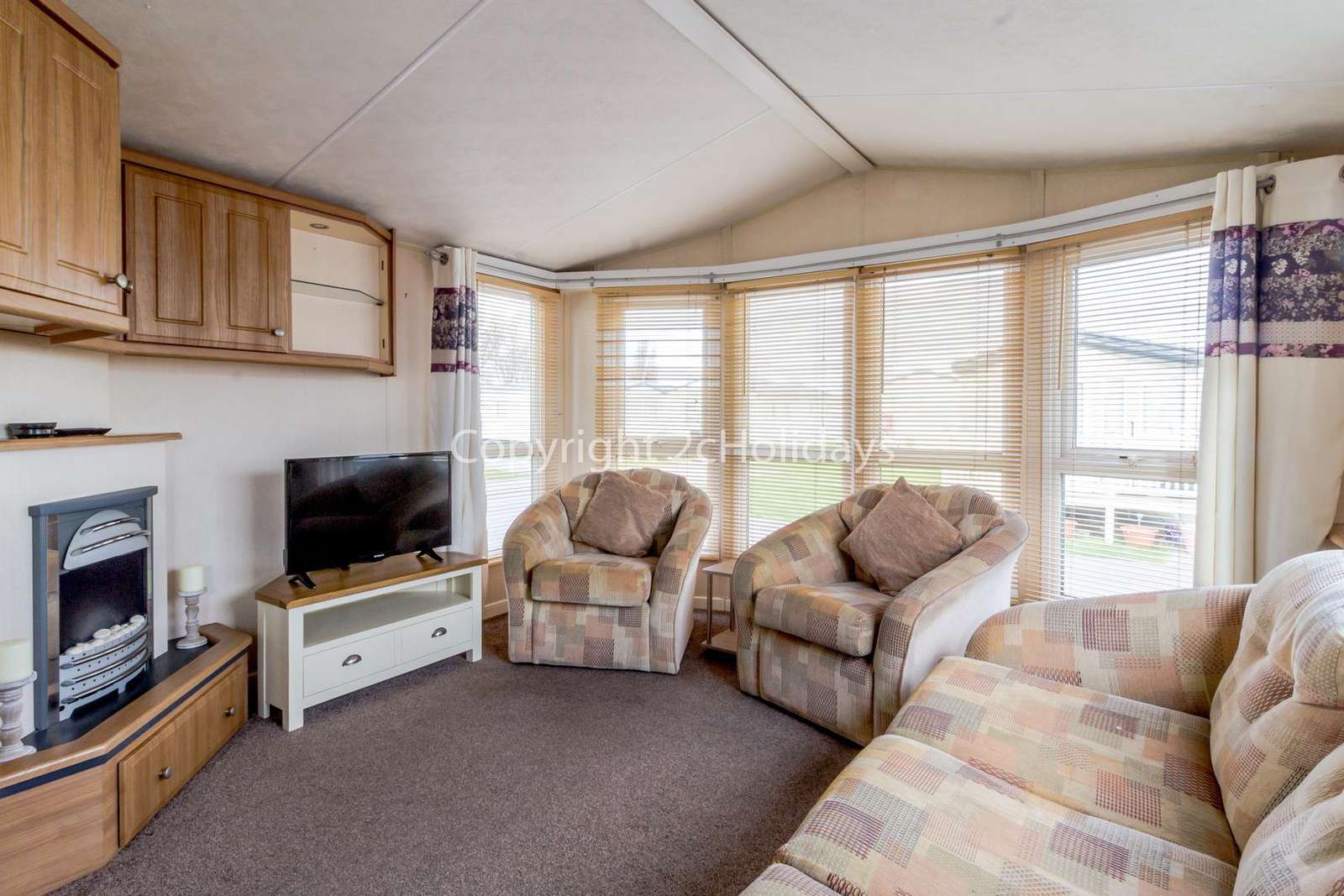 Cosy living area with a TV and electric fire