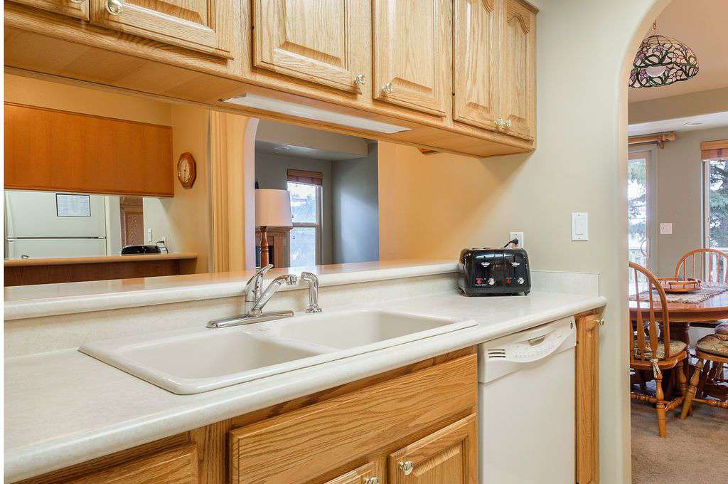 Kitchen side view including dishwasher, toaster, and storage cabinets