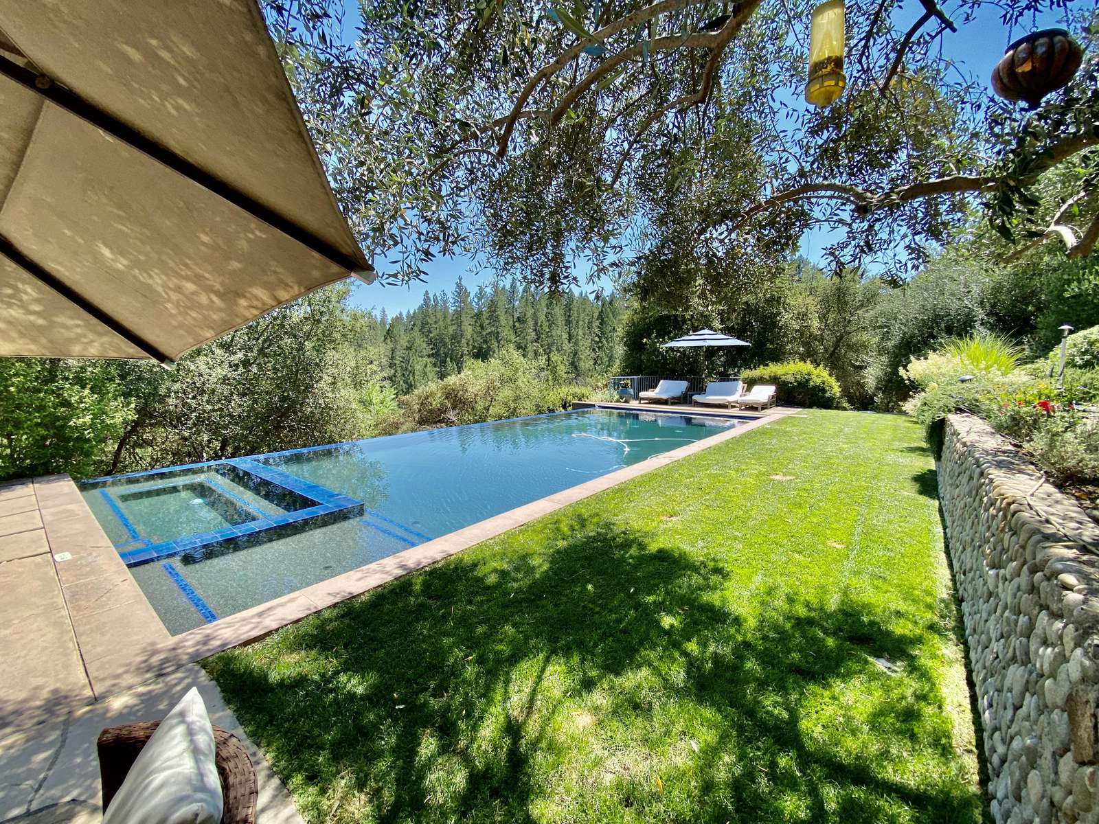 Green grass surrounding large heated pool