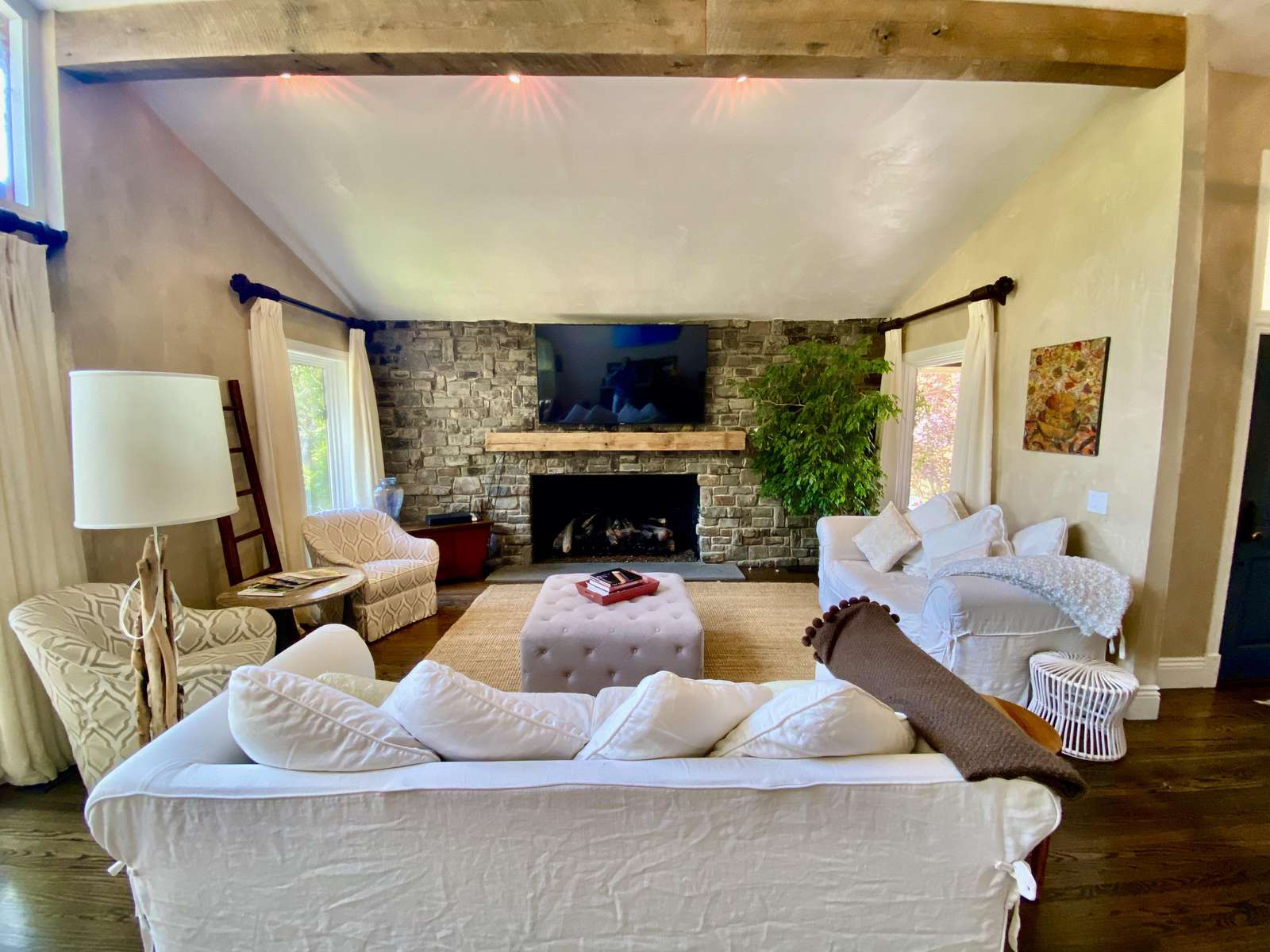Living room with grand fireplace