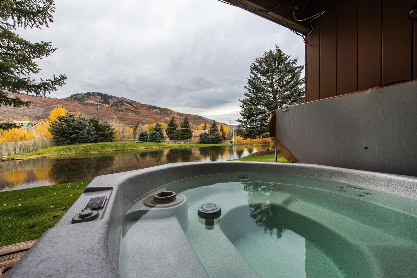 6 person hot tub overlooking the pond