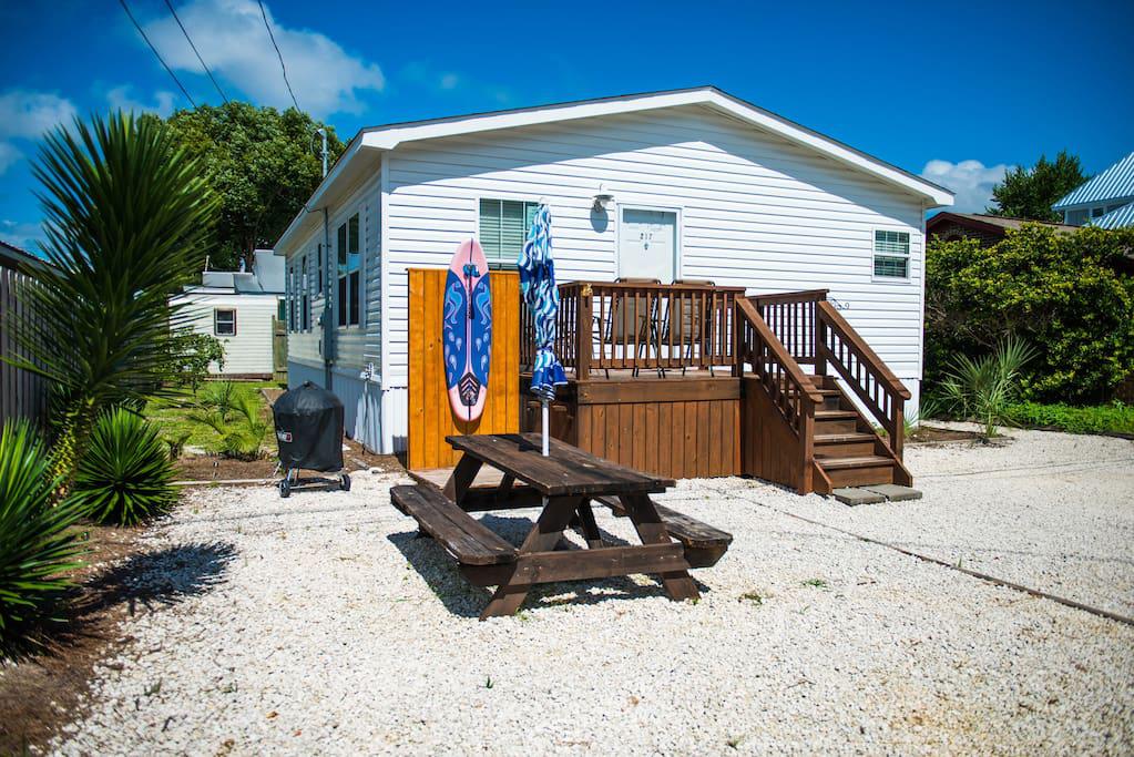 Outside Picnic Table - Surfboard Shower - Charcoal Grill - Wooden deck w/chairs