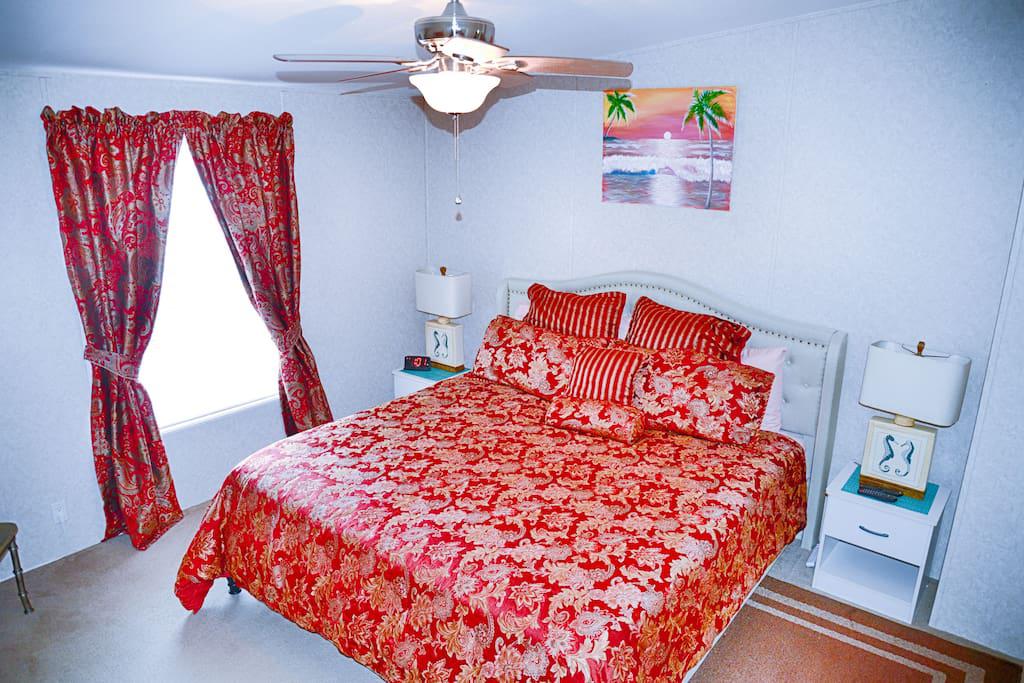 Master Bedroom, King size Bed, Ceiling Fan, Lamps, Alarm Clock, Flat Panel TV, Wow cable and power strips by night stands for phone chargers
